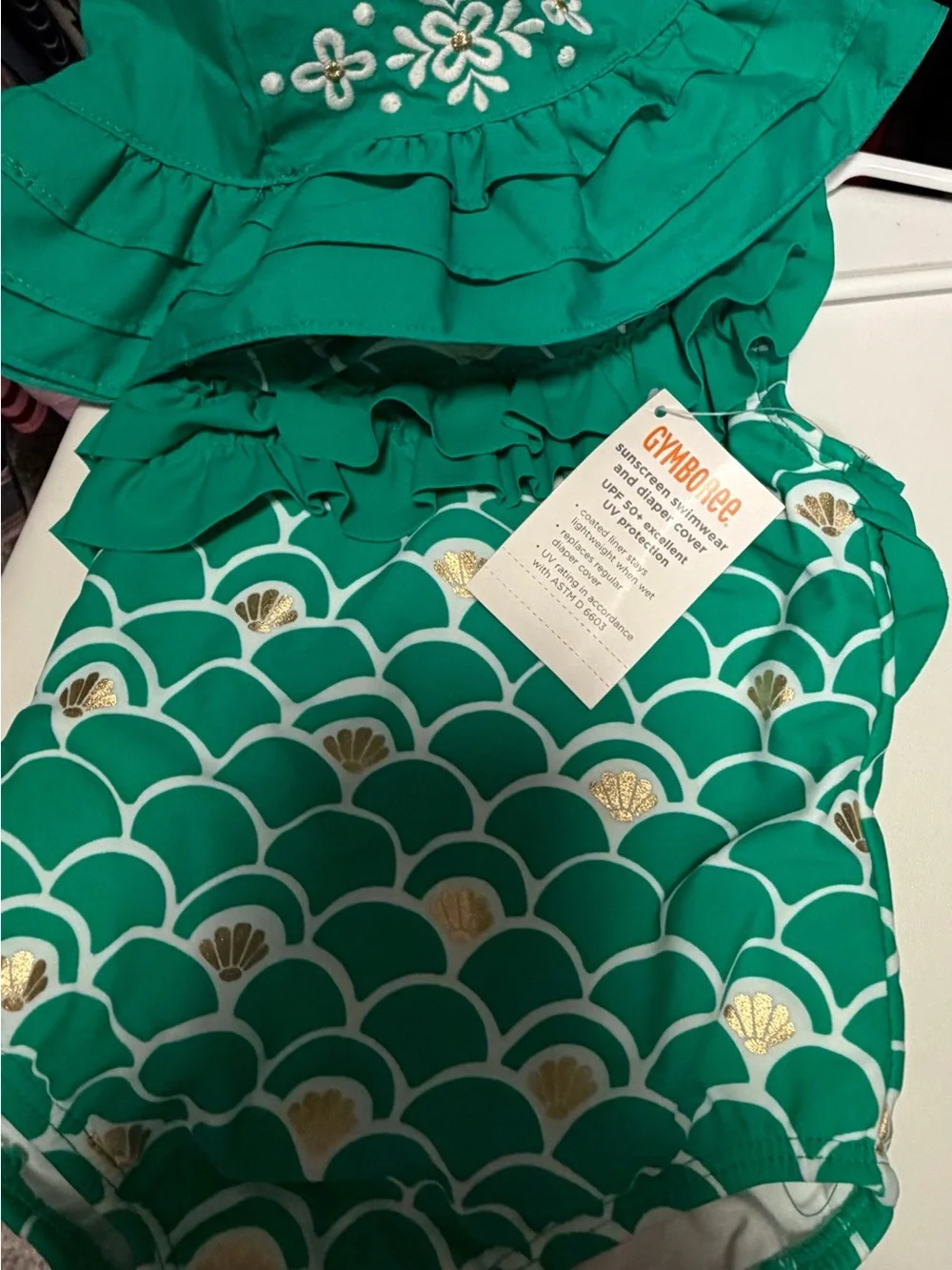 Gymboree Teal Green Ruffle Swimsuit Gold Shells Matching Hat/Shorts 6-12m